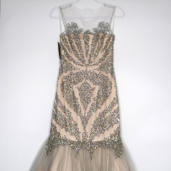 Terani Couture Dress Size 2 Silver Nude Long Trumpet Rhinestones Prom Homecoming - Picture 8 of 14